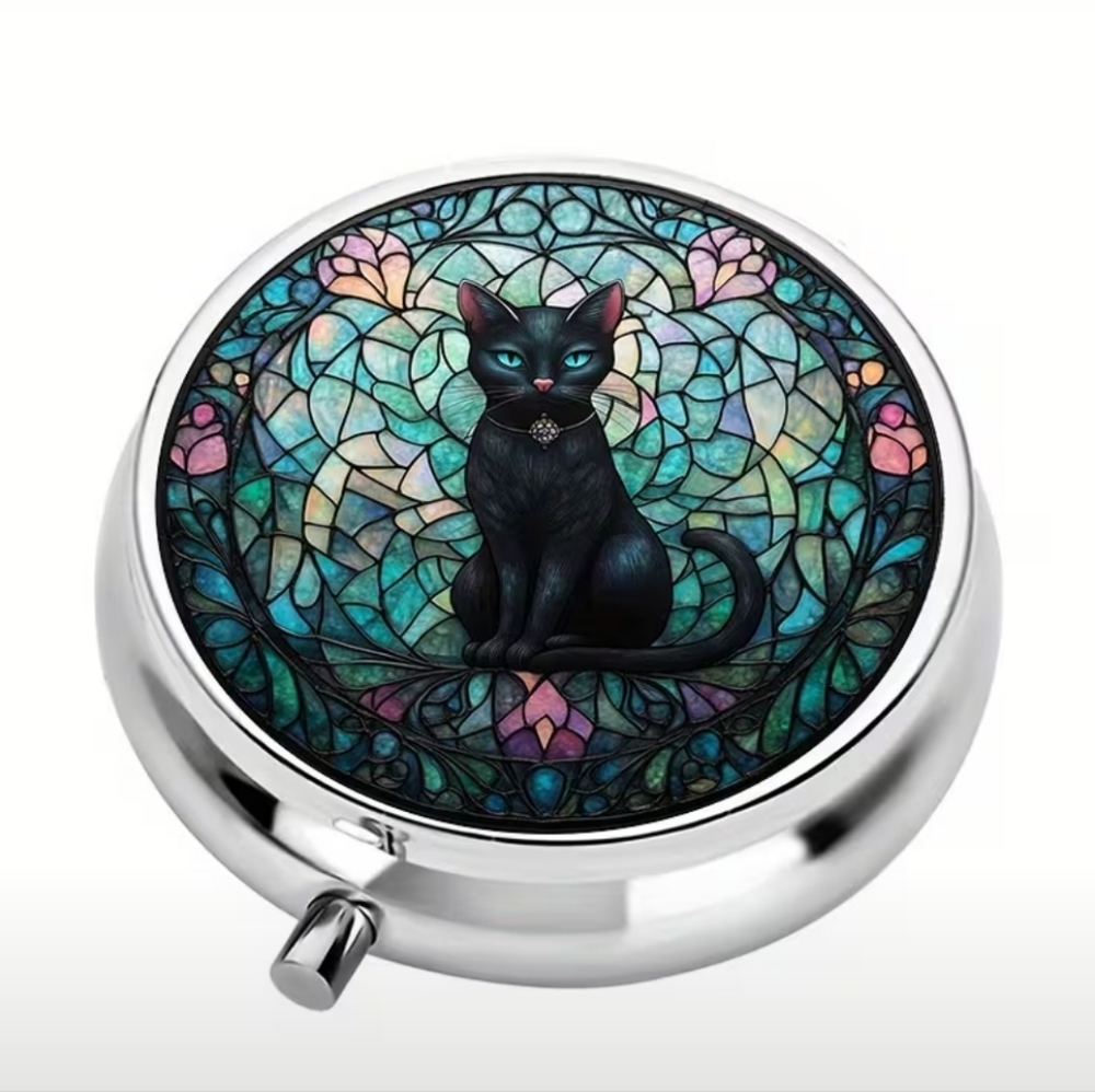 🆕️💊 🐱MOSAIC CAT PORTABLE METAL PILL BOX ORGANIZER WITH MIRROR🐱💊